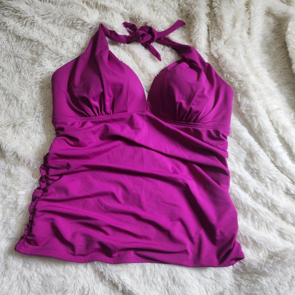 Sunsets Brand Purple Ruched Sides Padded Tie Neck Tankini Swim Top Size DD